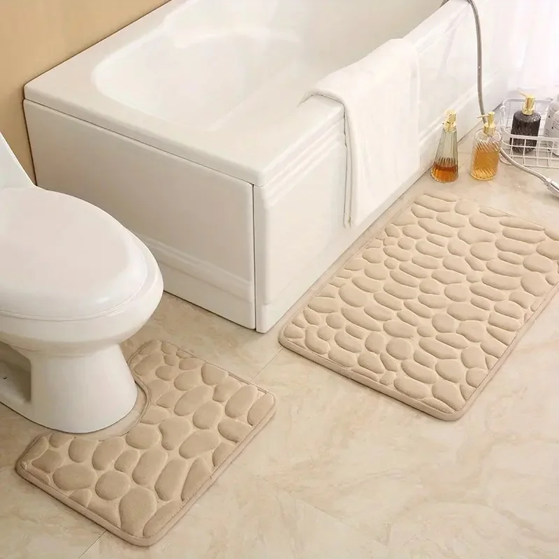 2PC embossed stone pattern toilet mat 6