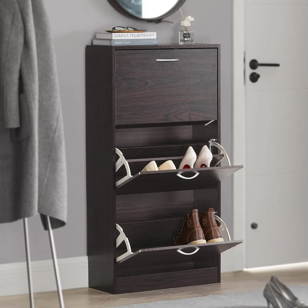 

Brown Shoe Cabinet with 3 Flip Drawers, Freestanding Shoe Rack, Shoe Storage Cupboard Organizer Unit