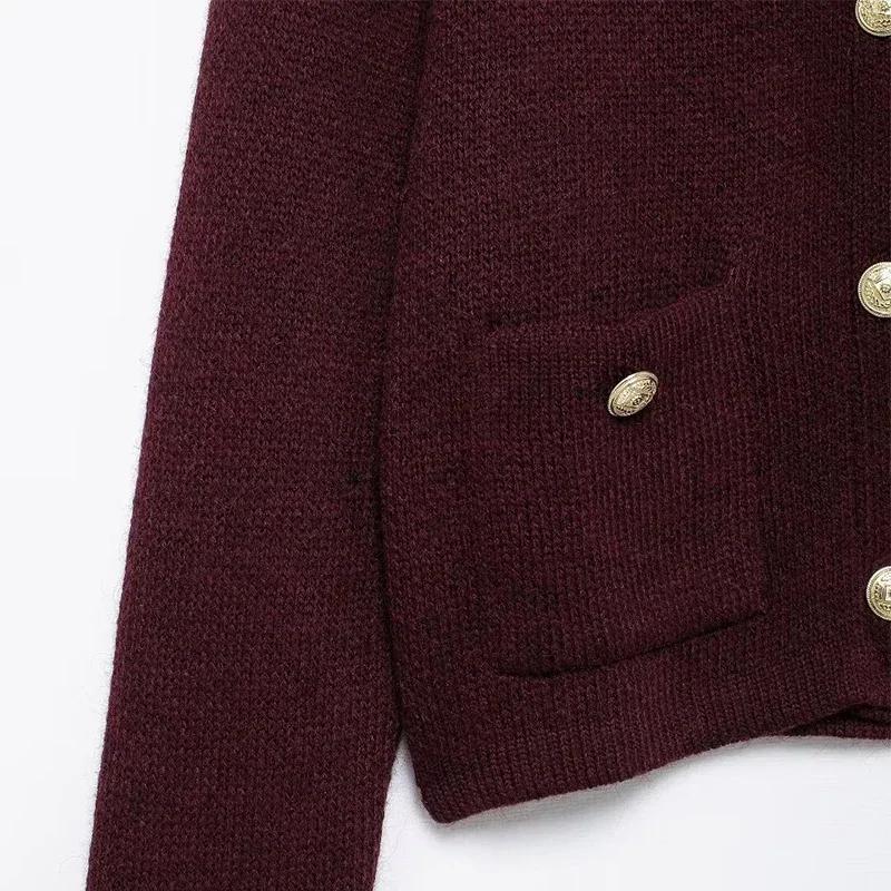 Autumn Knit Burgundy Women's Cardigans O-neck Single-breasted Long Sleeve Pocket Top Autumn Winter Lady All-match Knitwear