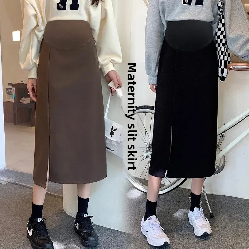 Maternity High Waist Slimming Knitted Woolen Mini Skirt A- Line Split Autumn Winter for Pregnant Women