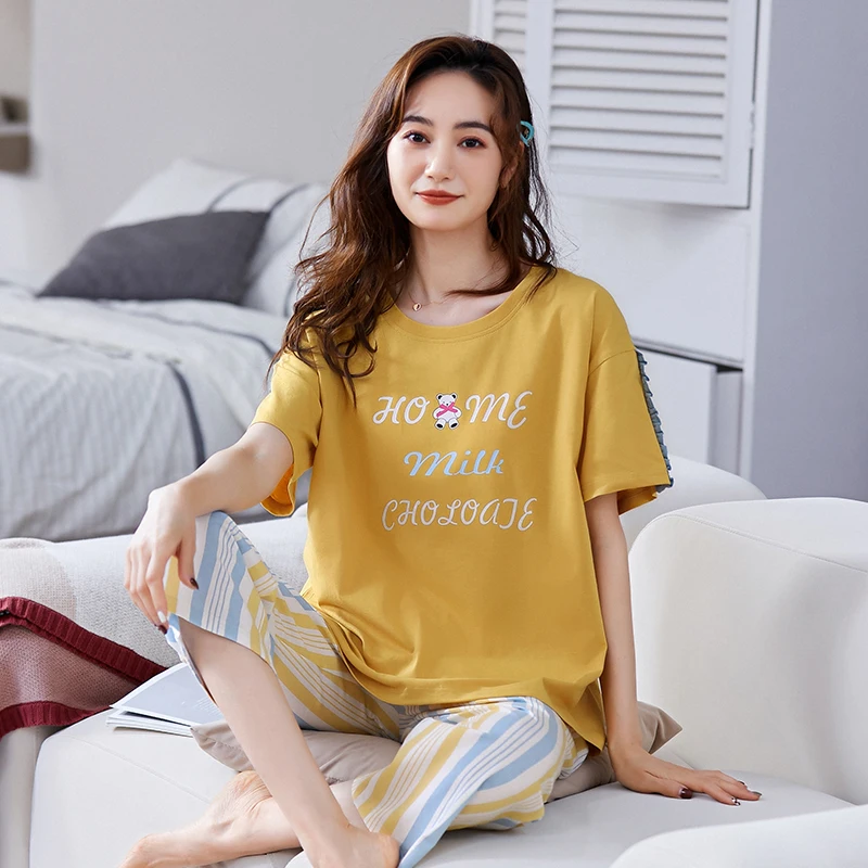 

M-3XL Women Pajamas Set Pyjamas Loose Home Clothes 100% Cotton V-Neck Sleepwear for Summer