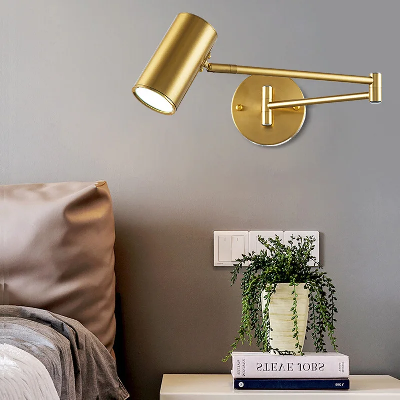 

Contemporary Style Indoor Decoration Brass Color Metal E27 Swing Arms Beside Bedroom Reading Led Wall Lamp study hotel room lamp