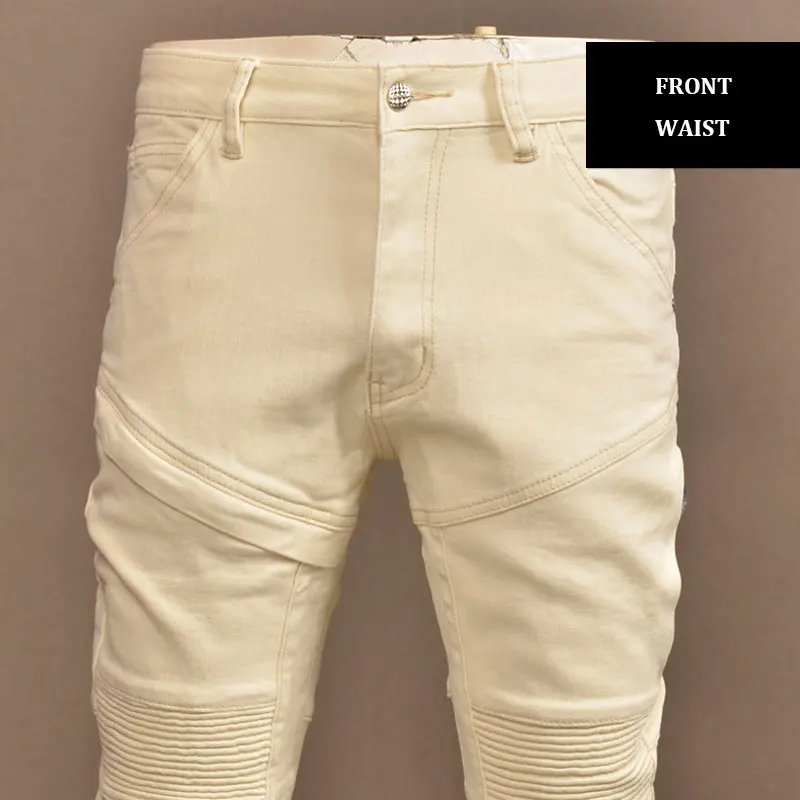 Streetwear Fashion Men Jeans Beige Yellow Stretch Skinny Fit Spliced Designer Biker Jeans Men Patched Hip Hop Denim Pants Hombre