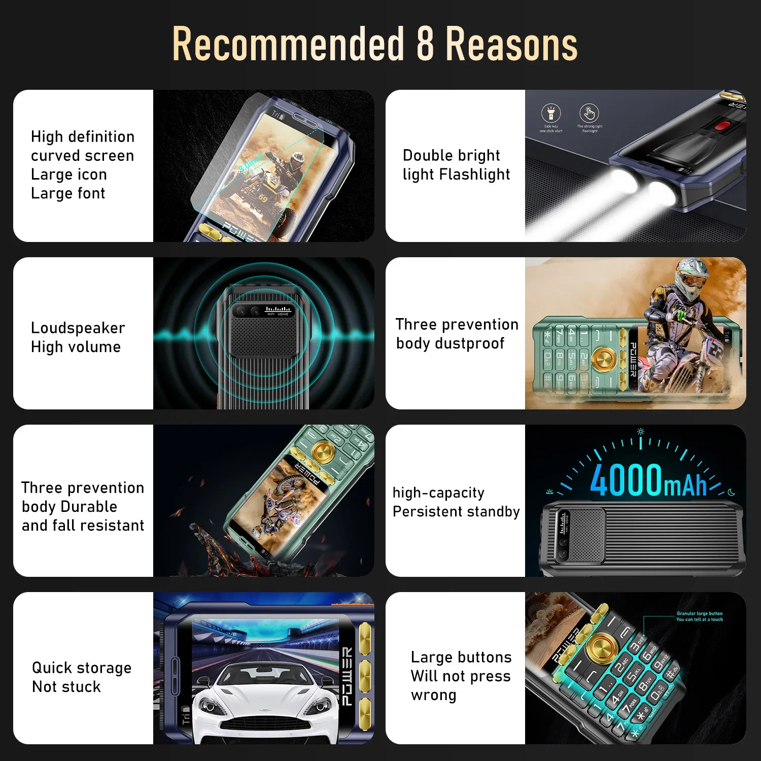 M10 Power Bank Mobile Phone 2.8" Three Sim Card BT MP3 Wireless FM Camera 3600MAH Big Horn Dual Torch Push Button Cellphone 3