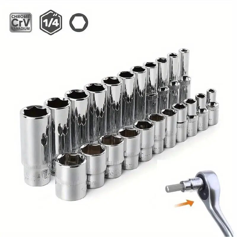 13-teiliges kurzes und 11-teiliges tiefes Hi-Spec 1/4 Zoll Steckschlüsselsatz-Adapter-Set 4-14mm lange Steckschlüssel Werkzeugköpfe Drehmomentschlüssel Ratschenschlüssel