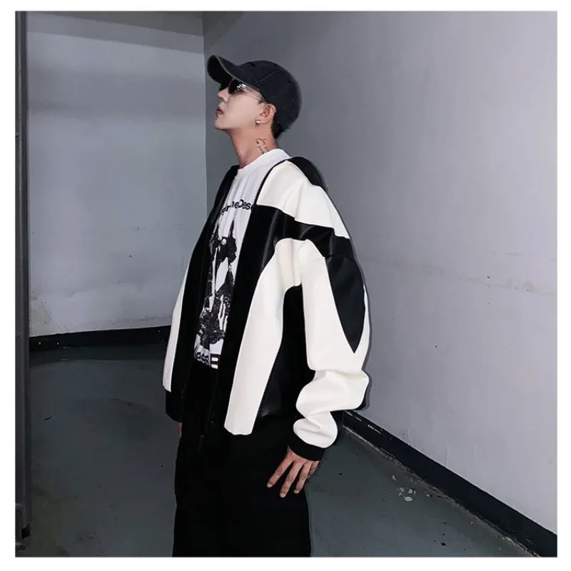 레트로 아메리칸 PU 가죽 재킷 새로운 오토바이 의류 EU 사이즈 남성 가을 고급 트렌드 루즈 스플라이싱 재킷 모토 재킷