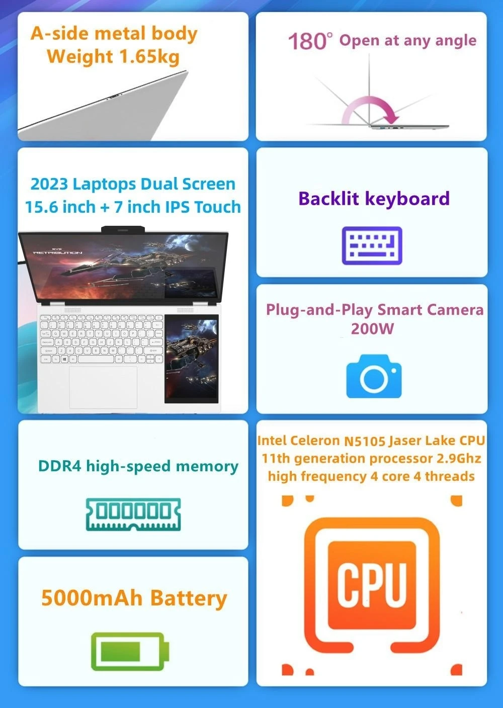 Dual-screen Laptop intel Processor N100 4 Core 4 Thread 3.4GHz 15.6-inch IPS 2K four-sided narrow screen 7-inch IPS Touch screen 6
