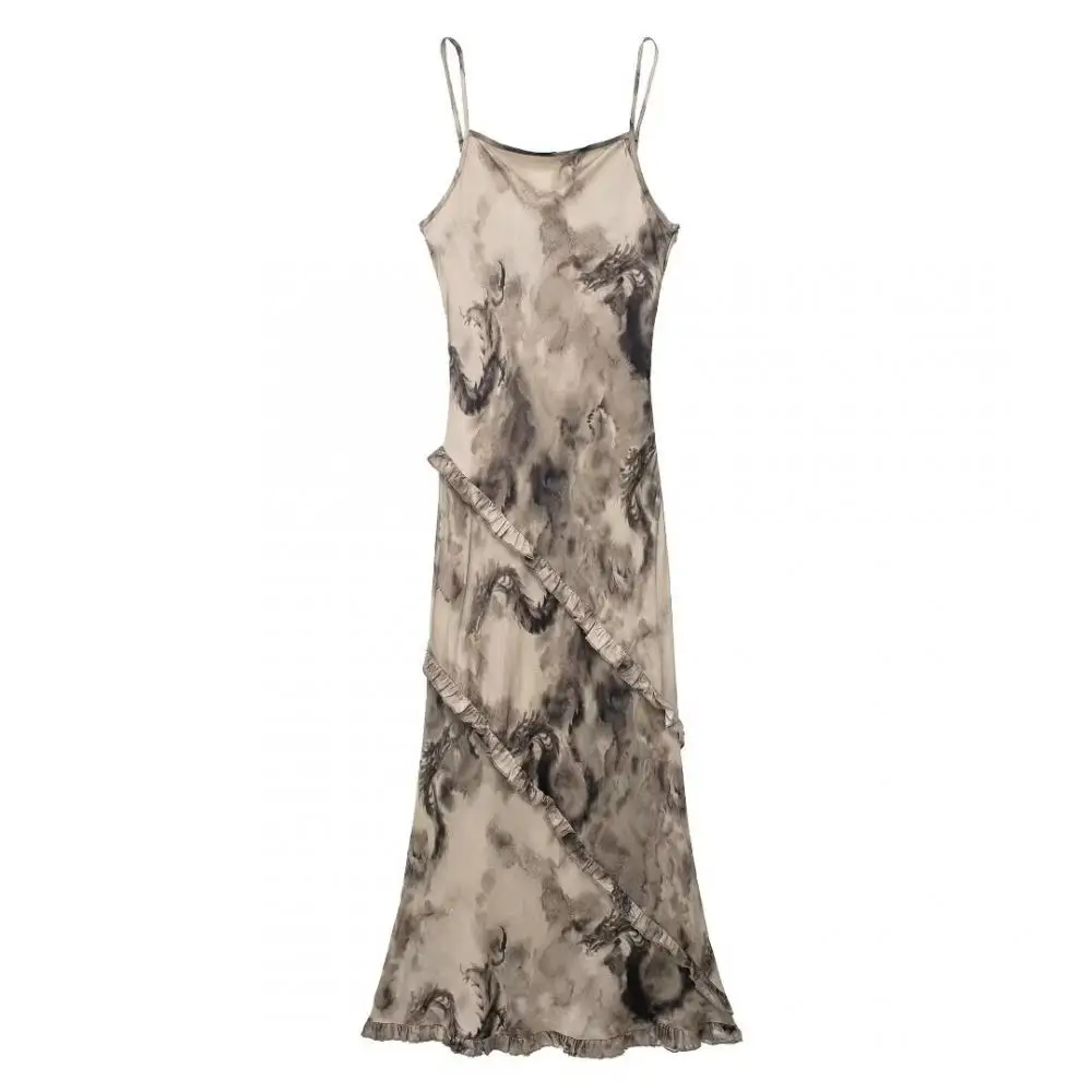 

Women Vintage Ruffle Print Spaghetti Strap Skirt Thin Straps Backless Evening Maxi Dress Sleeveless Suspender Maxi Dresses