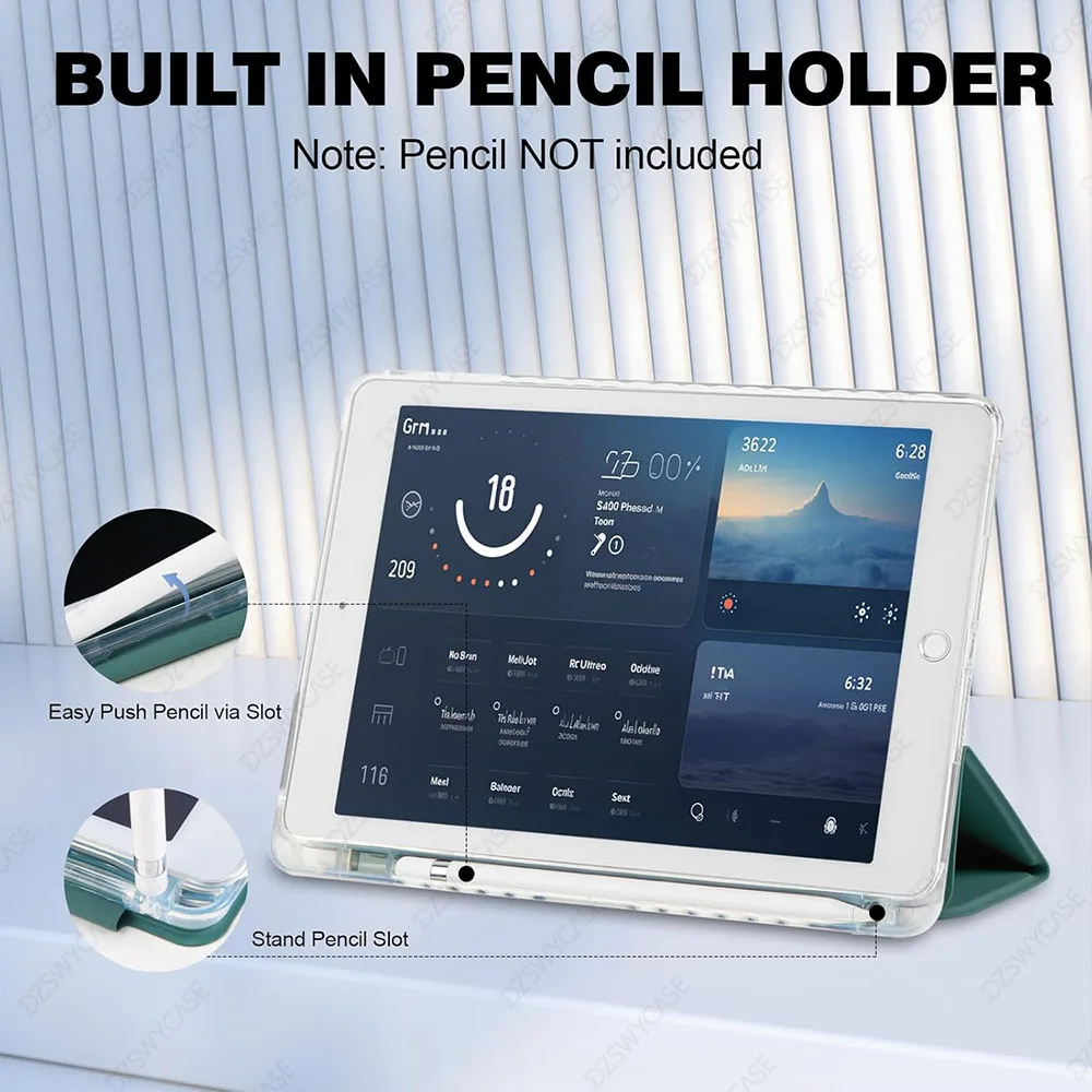 Premium iPad 9.7 Slim Case with Pencil Holder and Auto Sleep/Wake功能，透明背壳设计