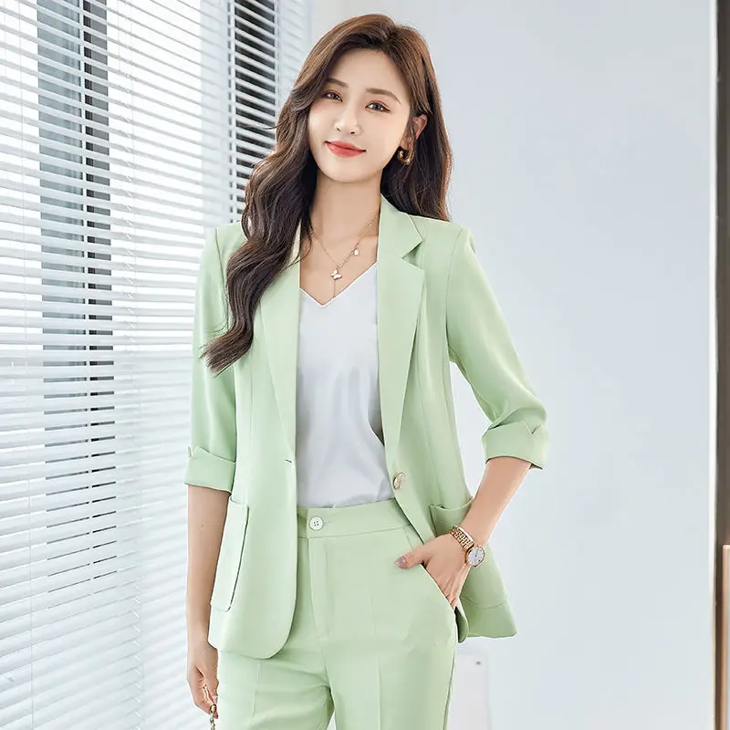 Green Summer Fashion Small Suit Women's Casual 3/4 Sleeve Upscale Pants Set Two Piece Set Korean Sets Womens Outfits Women Pants