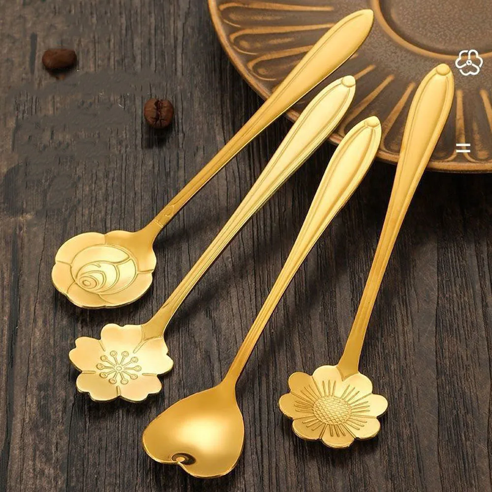 6pcs Stainless Steel Heart Rose Flower Gold Scoop Coffee Spoon Gifts Kitchen Dessert Dining Accessories Tableware Decoration Set