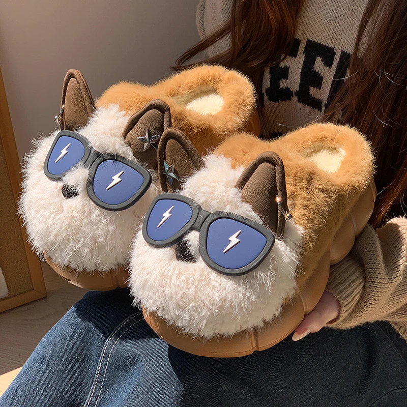 New Cartoon Fluffy Slippers Women Indoor Home Winter Plush Cotton Shoes Woman 2025 Thick Sole Warm Dog Slides Couple Shoes 45