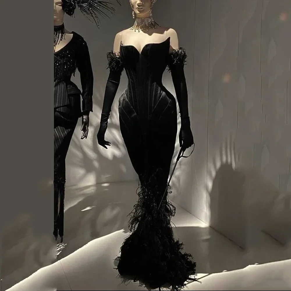 

Elegant Black Feathers Velvet Evening Dress Chic Strapless Sweetheart Sequined Mermaid Gowns High-end Women Party Prom Dress