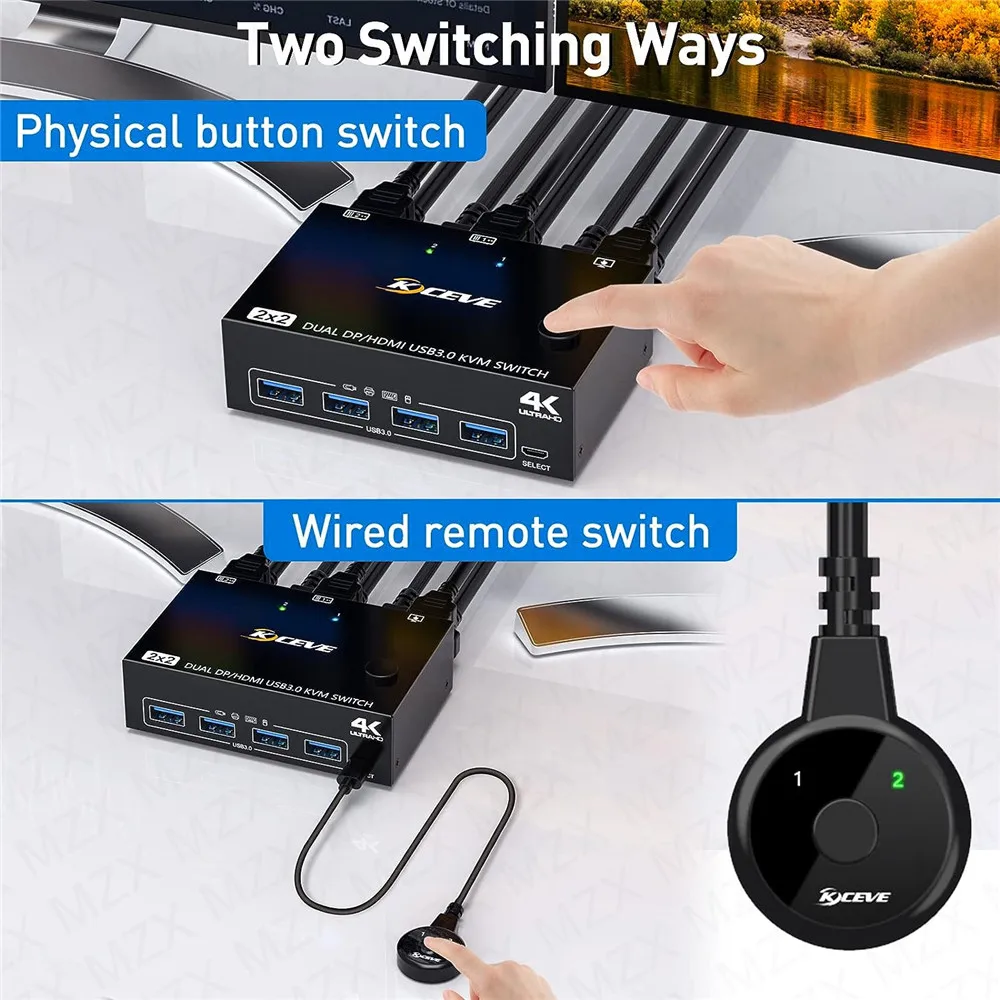 MZX KVM 스위치 MST 스위처 선택기, USB 3.0 허브 A 도킹 스테이션, HDMI 호환 DP 2 컴퓨터 공유 2 모니터 4 USB 장치