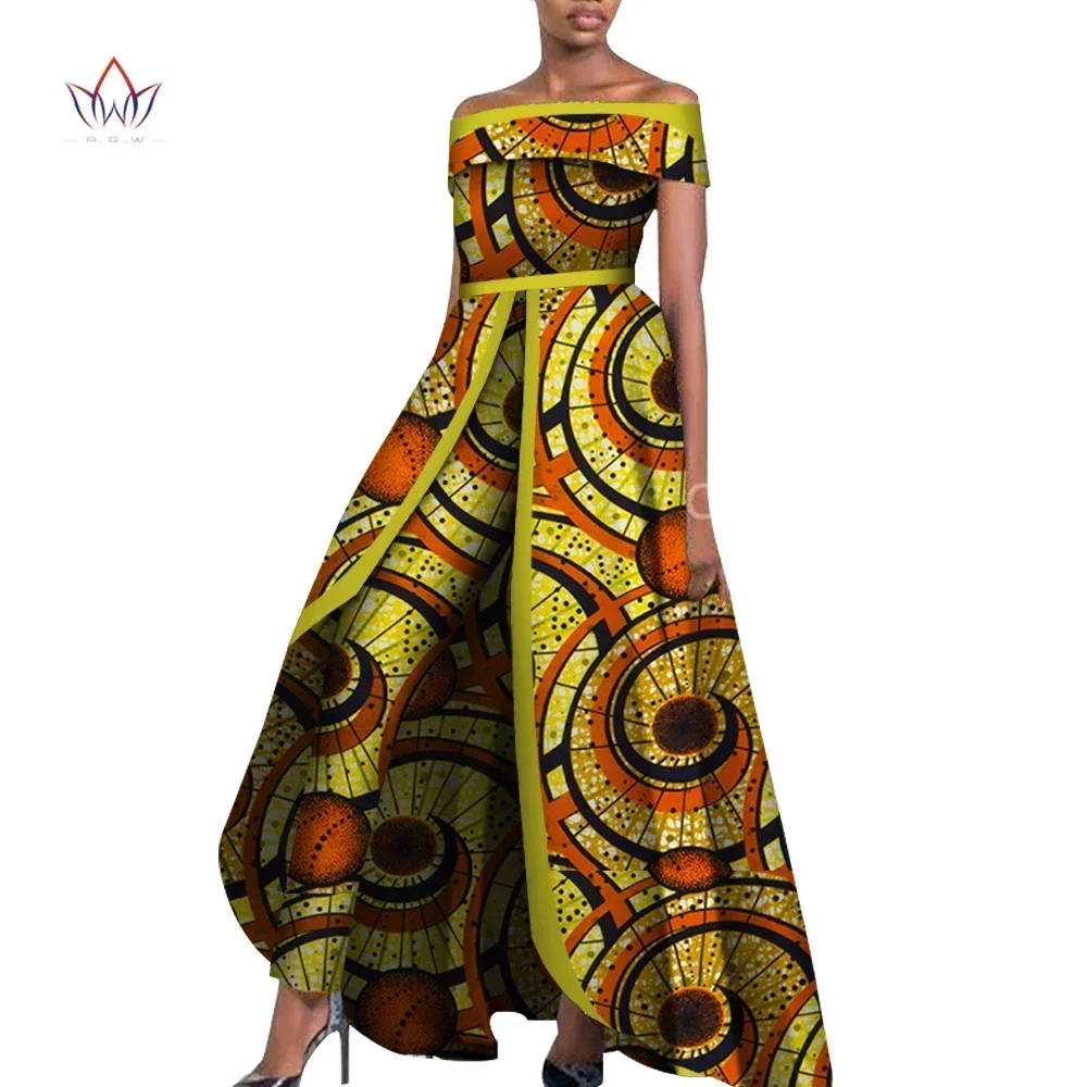 African Design Bazin Off Shoulder Elegant Women Rompers Jumpsuit Sleeveless Rompers Jumpsuit Long Dashiki Pants Plus Size wy6184