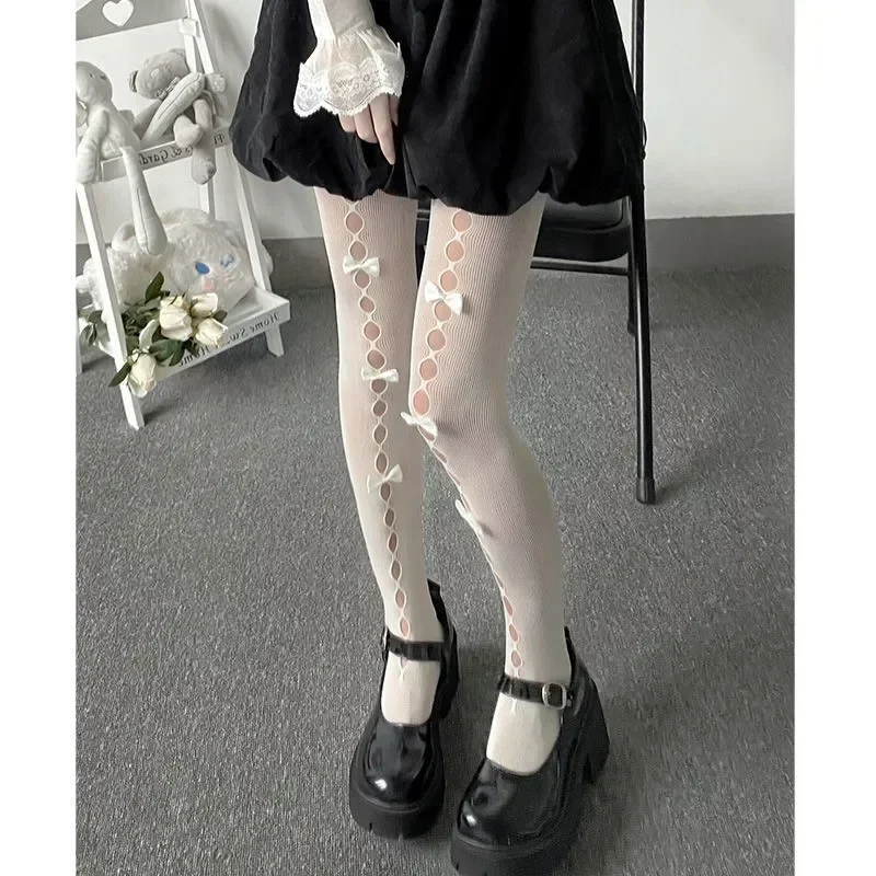 Lolita Cosplay Girls Bowknot Hollow Out Pantyhose Sexy Thin Ins Tide Lace Tights Anime Socks Black White Fishnet Silk Stockings fishnet stockings