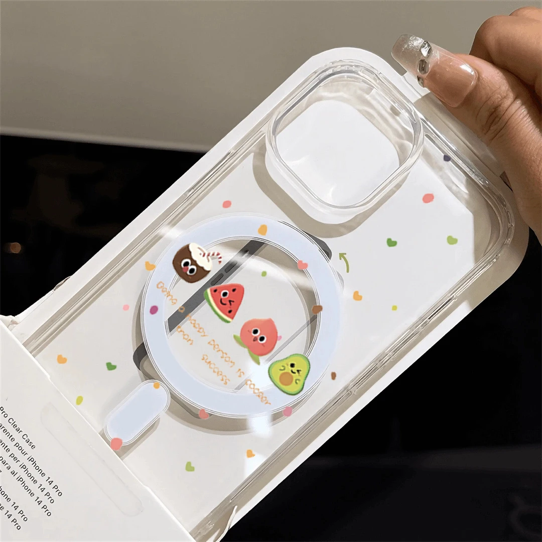 Adorable Fruit Cartoon Shockproof Transparent Phone Case with MagSafe Compatibility