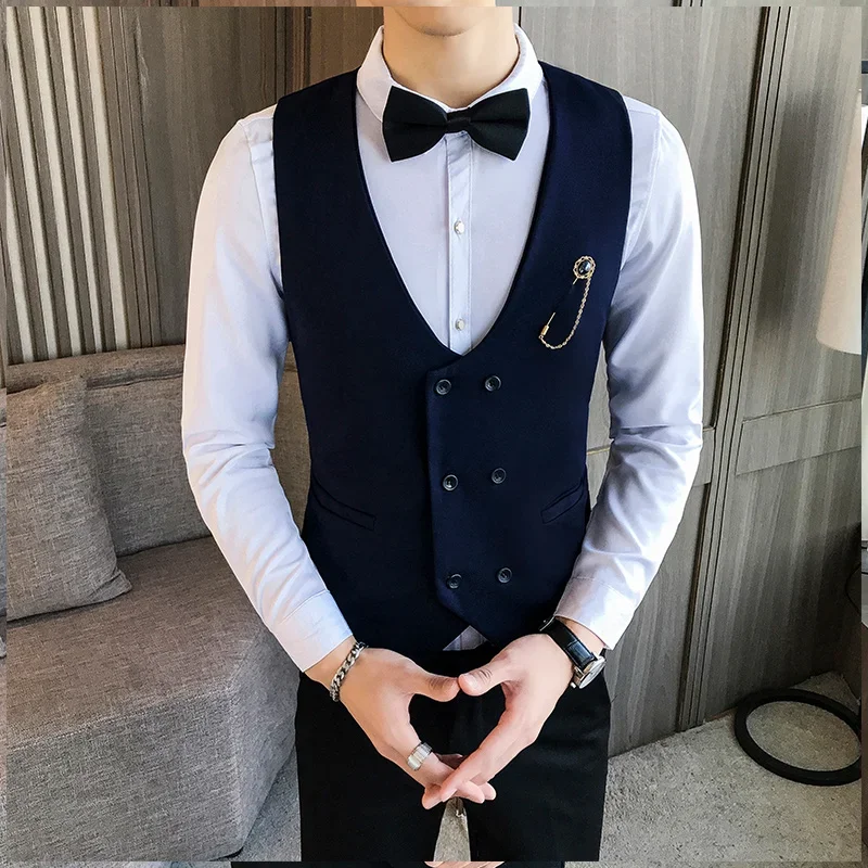 Mens Suit Vest New Double Breasted Solid Color Business Casual Formal Wear High Quality Brand Fashion Mens Clothing Dress Vest