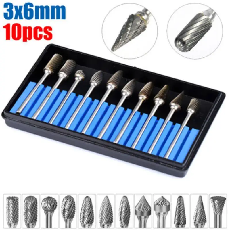 Tungsten Carbide Burrs Set 1/8inch Shank Double Cut Solid Power Tools Rotary Files Bits for Die Grinder Metal Wood Cutter Bits 5pcs wood carving drill bit hss engraving drill bit set solid carbide steel root milling grinder burr precise carve hand tool