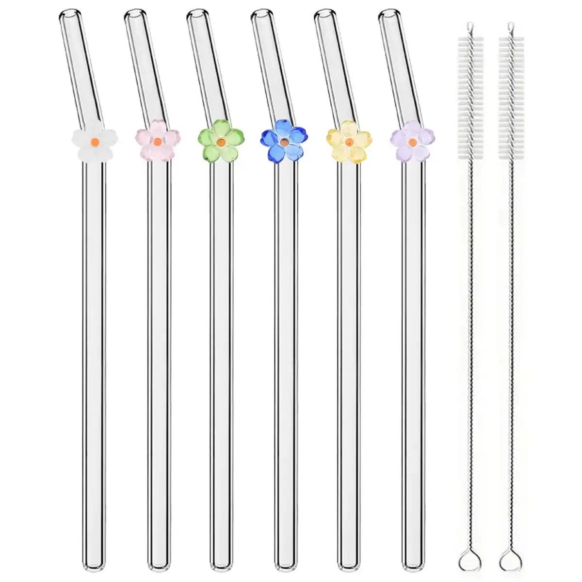 Flower Drinking Straw Set 6pcs High Borosilicate Glass Bent Straws Set with Brush Milk Shake Coffee Cocktail Straw Bar Drinkware