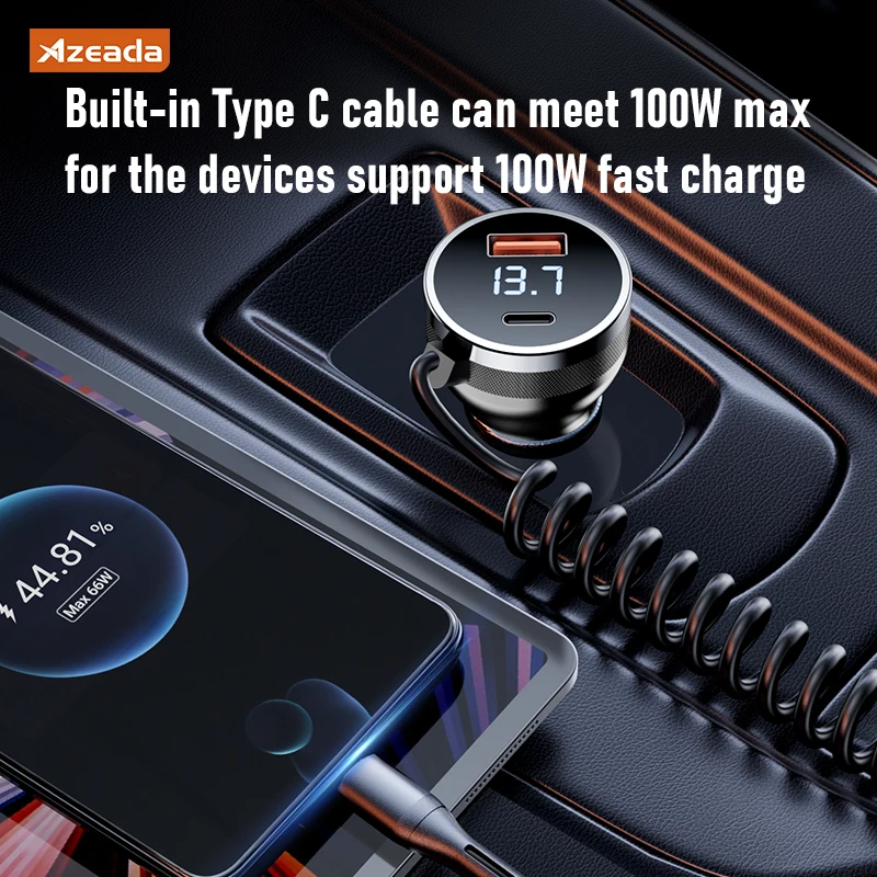 Gadgetoo Azeada 160W Usb Type C Fast Car Charger With Elastic Cable Portable For Iphone 15 14 Pro Max Tablets Gps Xiaomi 13 Oneplus Oppo