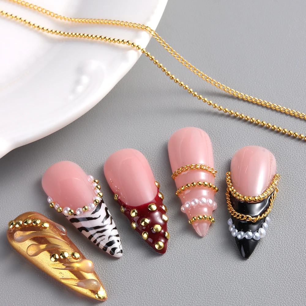 Goldene Stahlkugelkette 3D Nagelschmuck Gemischte Perlen Strass Nagelsteine Y2K Retro Charm Nageldekoration Nagelstudio-Zubehör – Detail 10