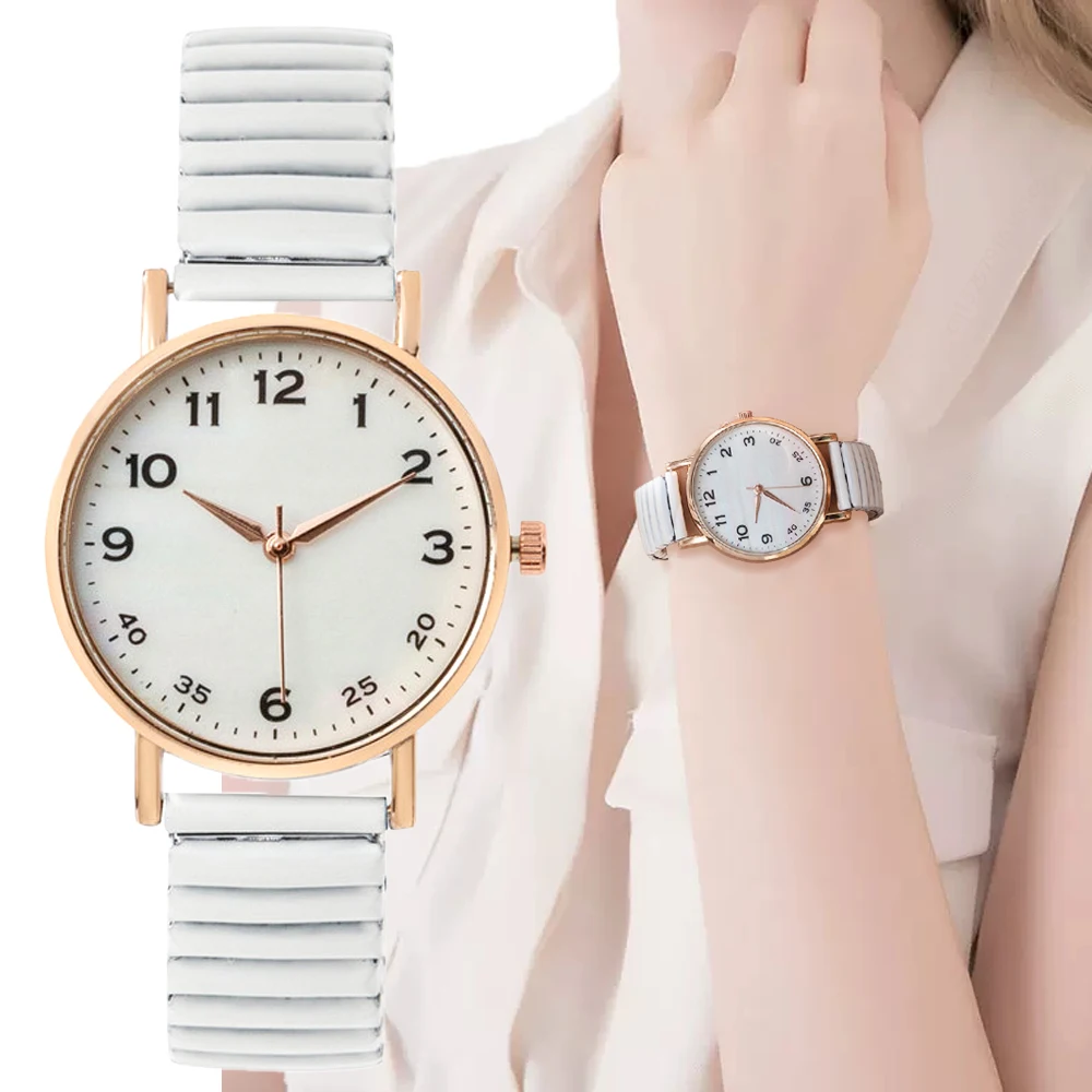 

Fashion Women Dress Clock Watches Luxury Simple Digital White Face Ladies Quartz Watch Casual Stainless Steel Stretch Strap New