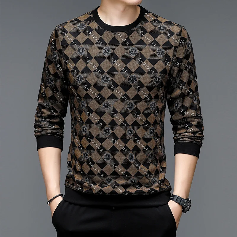 Spring and Autumn Men's Pullover Round Neck Plaid Contrast Letter Geometric Print Long Sleeve T-shirt Hoodies Office Lady Tops