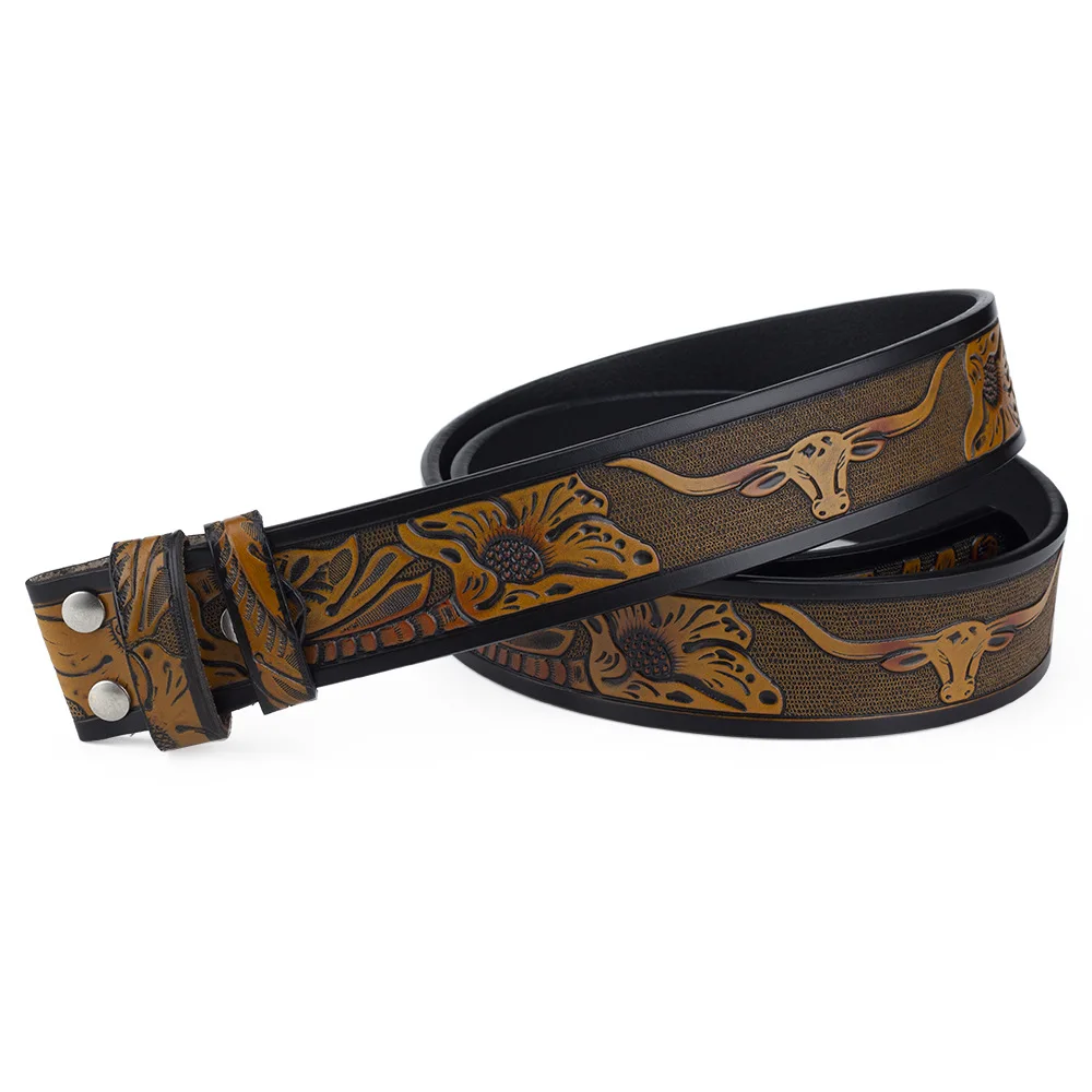 

Genuine Leather Belt for Man No Buckle 3.8cm Width Cowskin Tang Grass Cow Eagle Pattern Western Cowboy Belt