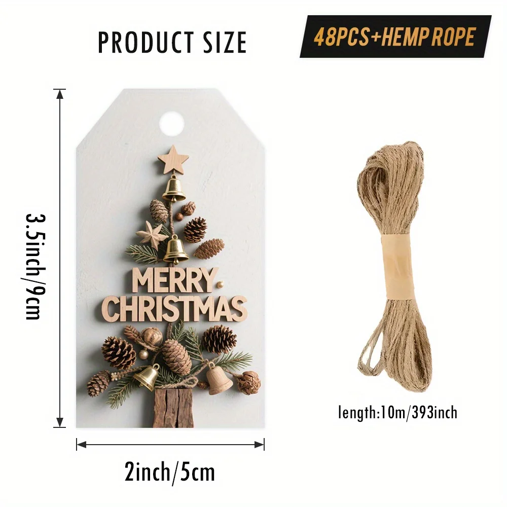48 Stück rustikale Bauernhaus-Weihnachtsgeschenkanhänger mit Hanfseil – elegante Holzmaserungsstruktur, Tannenzapfen und Glockeenausschnitte, frohe Weihnachten – Detail 3