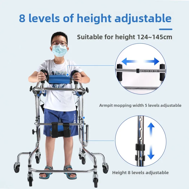 Adjustable Height Upright Walker with Seat and Brakes Kids Walking Aid for Disabled Hemiplegia Stroke Eight Wheeled Walking Aids