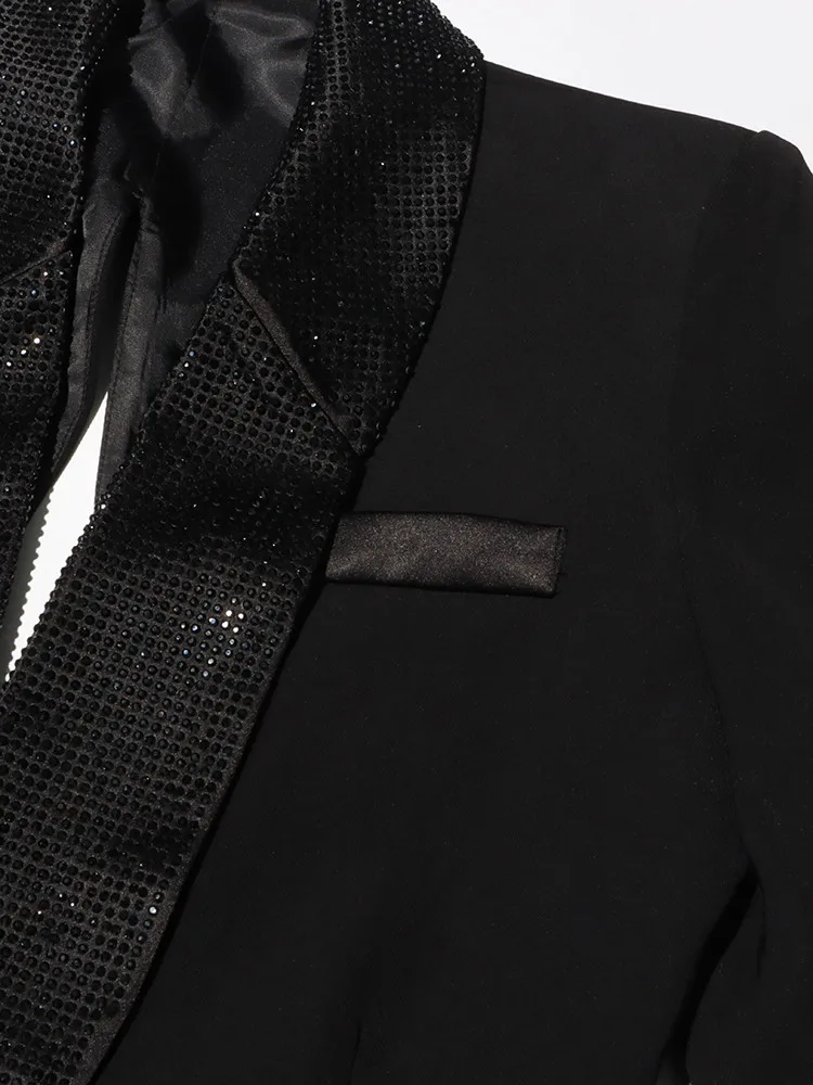 KBQ Hollow Out Patchwork Diamonds Blazers For Women Notched Collar Long Sleeve Backless Spliced Button Temperament Blazer Female