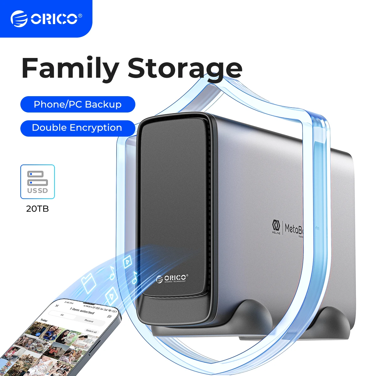 ORICO-Mini Metal Box for Personal Storage Type-C Network Attached Storage Automatic Backup Remote Access Diskless NAS 3.5″