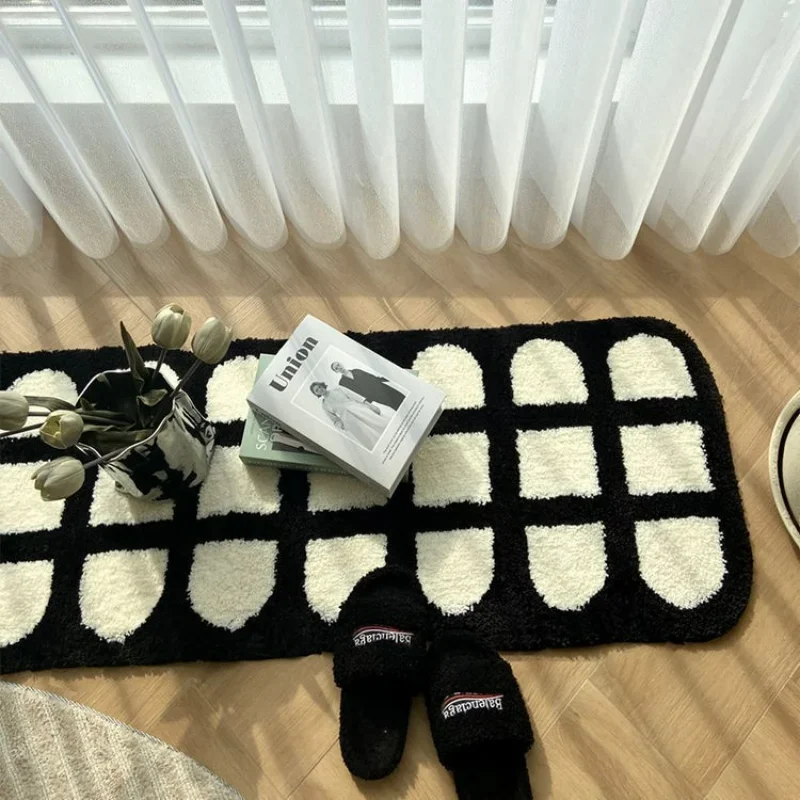 Tufting Checkerboard Carpet for Bedroom Decor Retro Fluffy Bedside Area Rug Washroom Foot Mat Living Room Coffee Table Home Rugs