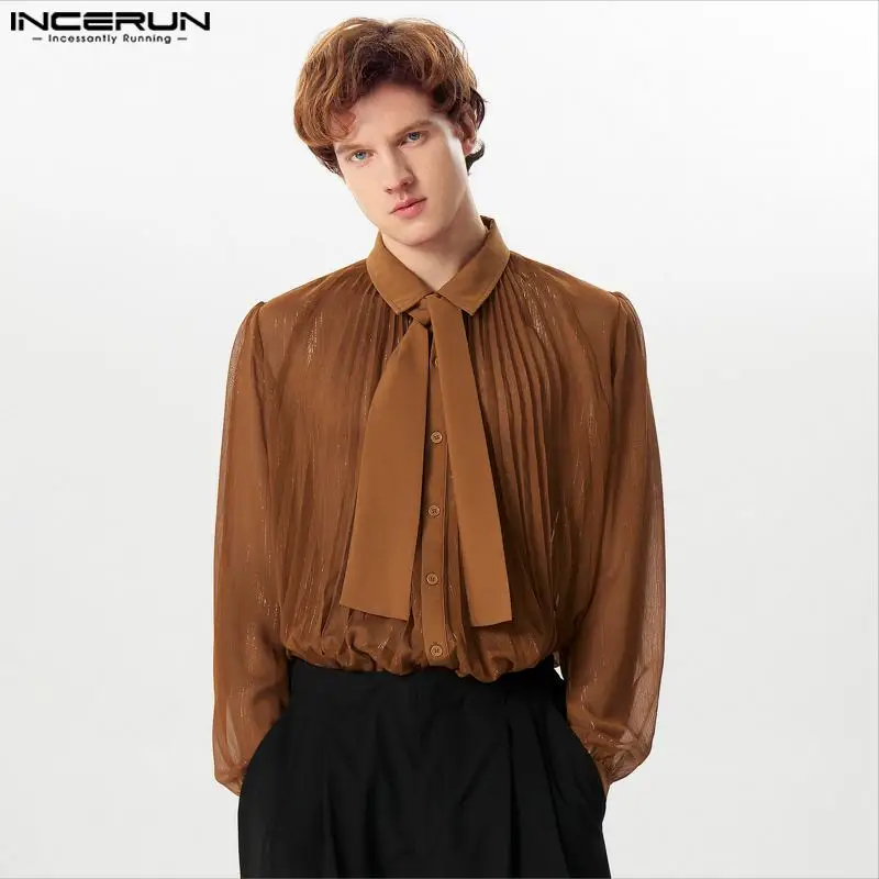 

INCERUN 2024 Mens Sexy Shirt Mesh See Through Lapel Long Sleeve Camisas Tie Pleated Solid Handsome Male Clothing Tops Streetwear