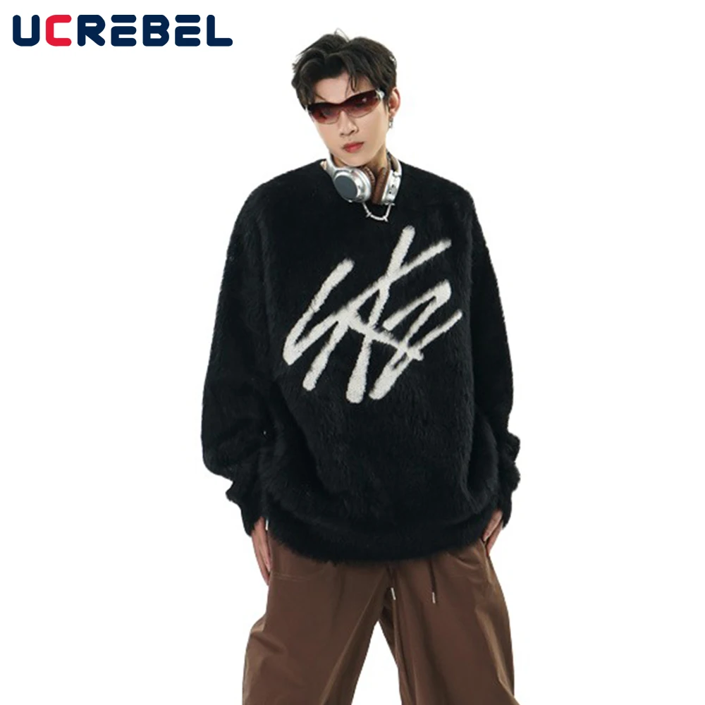 

Contrast Jacquard Knitted Sweater Mens Streetwear Loose Crew Neck Winter Plush Long Sleeve Pullover Men