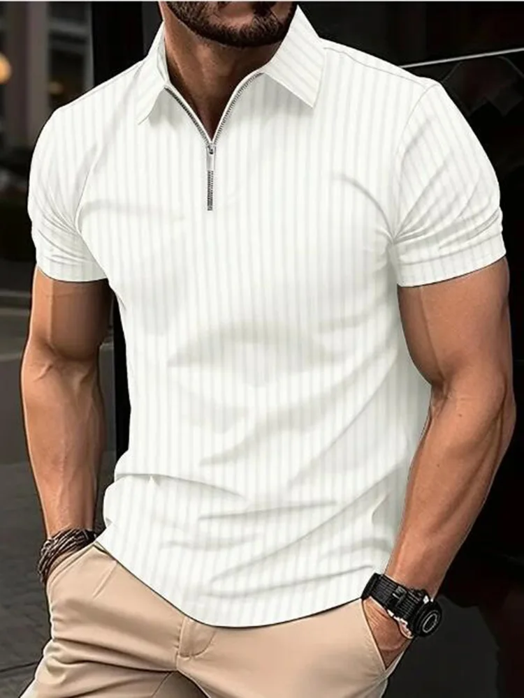 Summer Men Stripe Fashion Short Sleeve Polo Shirt Half Zip Solid Elastic Office