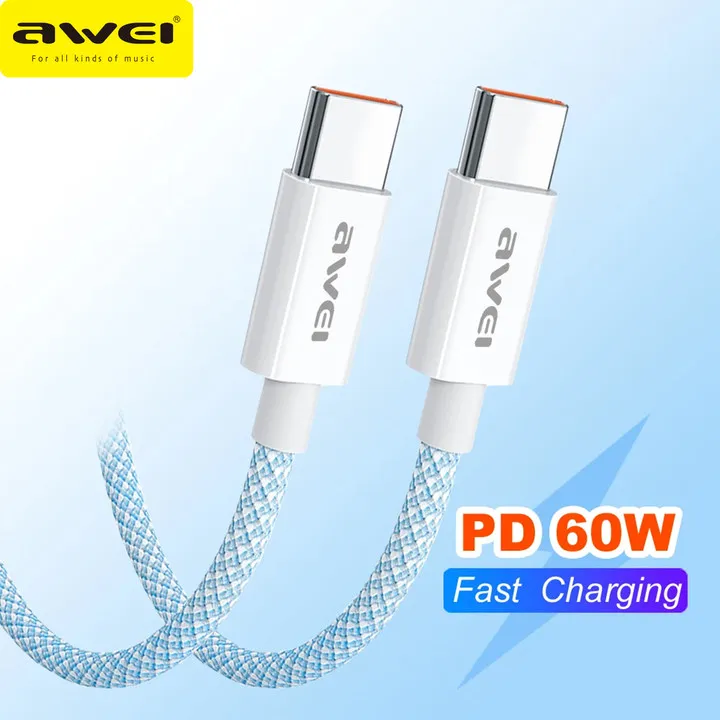 Awei 60W 6A USB Type C to Type C data cable Iphone 15 Xiaomi Poco fast charge USB C data cable