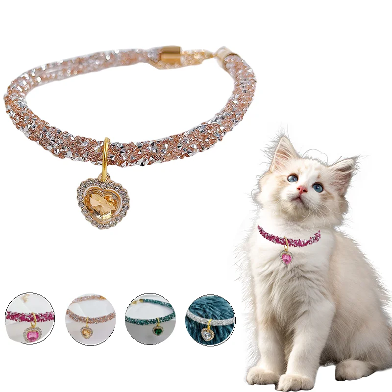 

Luxury Crystal Cat Collar Heart Gem Pendant Party Reflective Rhinestone Necklace Adjustable Cats Puppy Chihuahua Pet Accessories