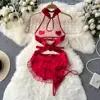 Sexy Hollow Out Pajamas Women Cosplay Servant Tie Backless Neck Hang Set Patchwork Heart-Shaped Red See-through HotSweet Dress 1
