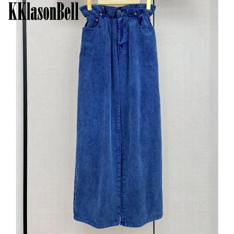 

12,23 KKlasonBell, синие винтажные темпераментные вельветовые широкие брюки с вышивкой и надписью для женщин