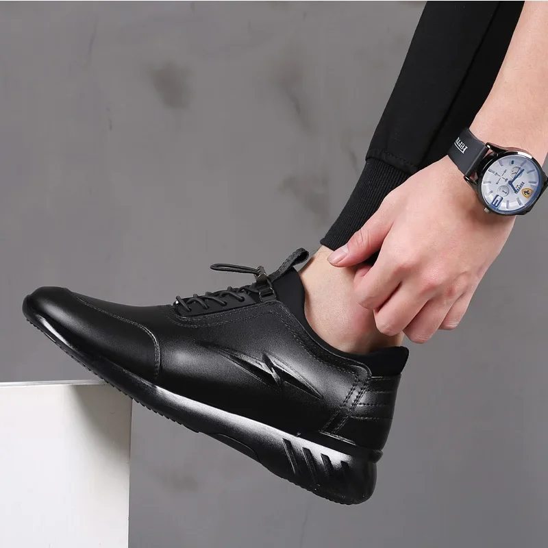 New Men's Vulcanize Shoes Men Casual Shoes Leather Design Shoes Height Increase 8Cm Gym Business Fashion Male Sneakers New Black 6