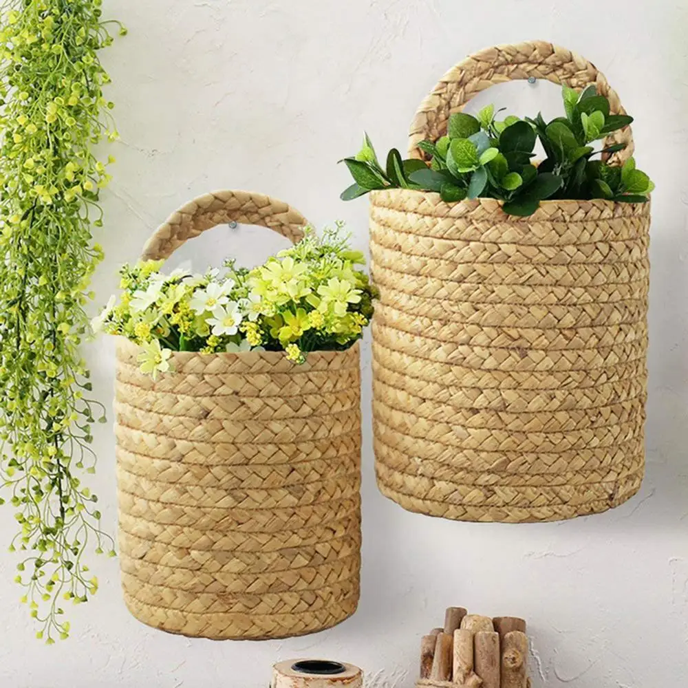 Garden Plant Flower Pot Handmade Rattan Storage Basket Foldable Seagrass Straw Hanging Woven Handle Toy Storage Container 1Pc