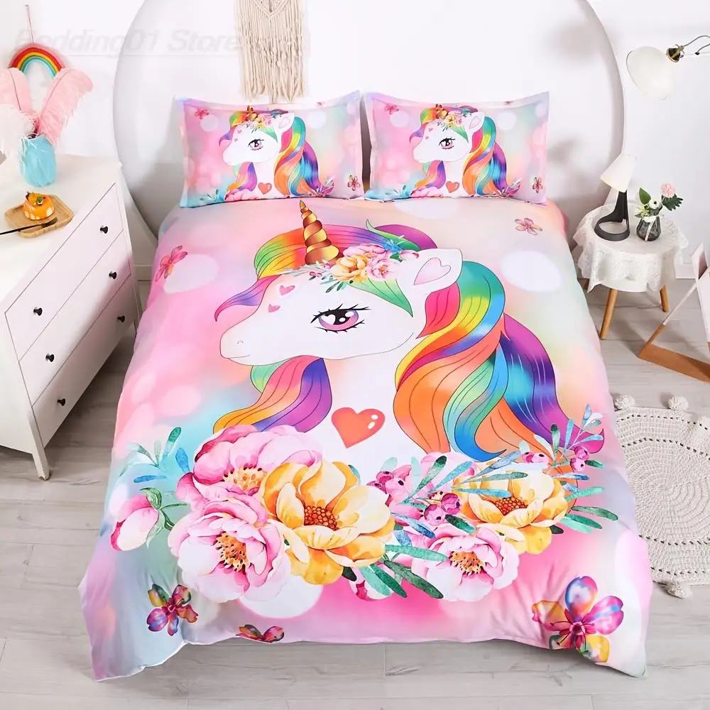 Cute Unicorn Duvet Cover Set, Pink Unicorn Bedding Watercolor Flowers