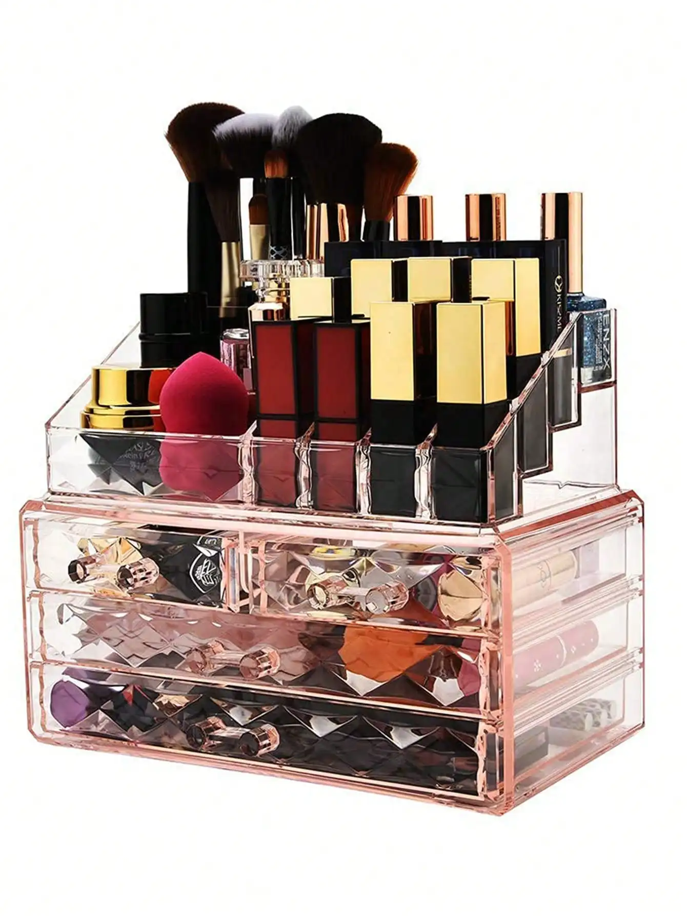 

Cosmetic Boxes with Brush Holder - Pink Diamond Pattern Storage Display Cube Including 4 Drawers