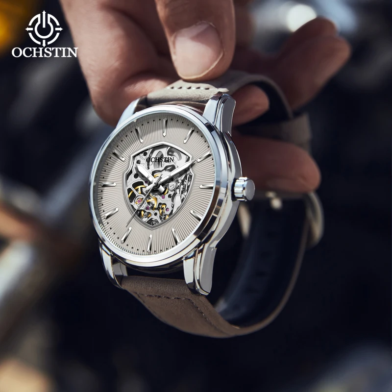 Ochstin High Quality Leather Hollow Mechanical Mens Watch Mineral Hardened Glass For Business Purposes Automatic Male Clock