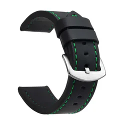 Vintage Leather Sport Watch Band with Stainless Steel Buckle - 24mm (Black Green Silver)