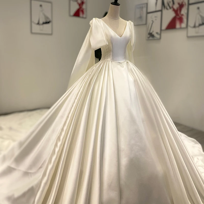 WM003 V-Neck Elegant Dresses For Women For A Wedding Royal Train Satin Wedding Dress Woman Guest Women'S Prom Dress שמלה לחתונה 6