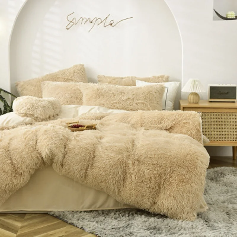 Winter super warm bedding set solid color plush bed sheet duvet cover camel  velvet duvet double pillowcase 4-piece Dropshipping - AliExpress
