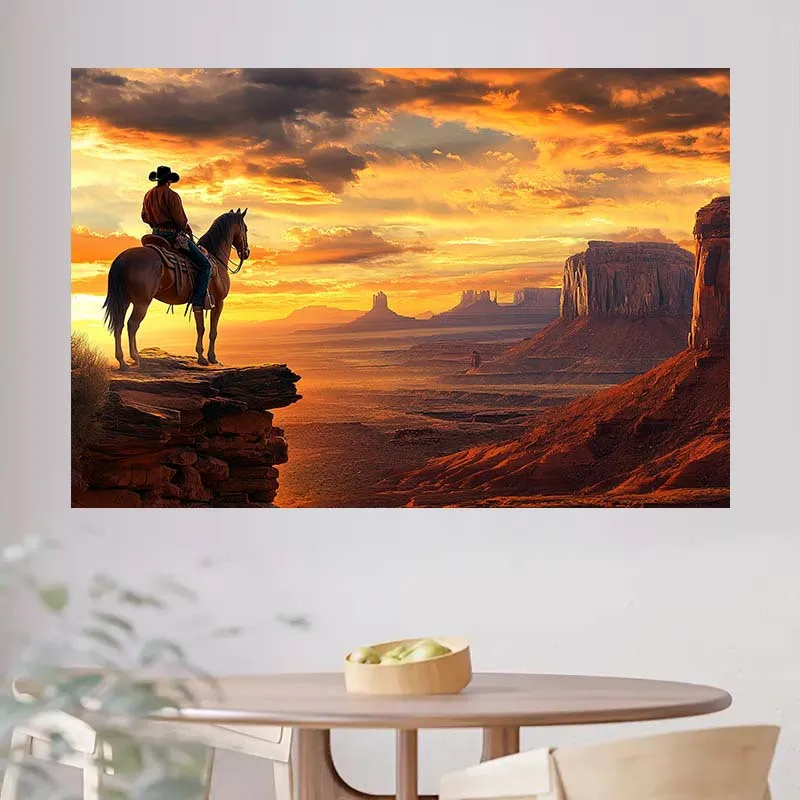 1-Wandbild „Wild West Sunset“ – Eine ländliche Cowboy-Silhouette der Szene des Monument Valley, Polyester, westliche Heimdekoration – Detail 4